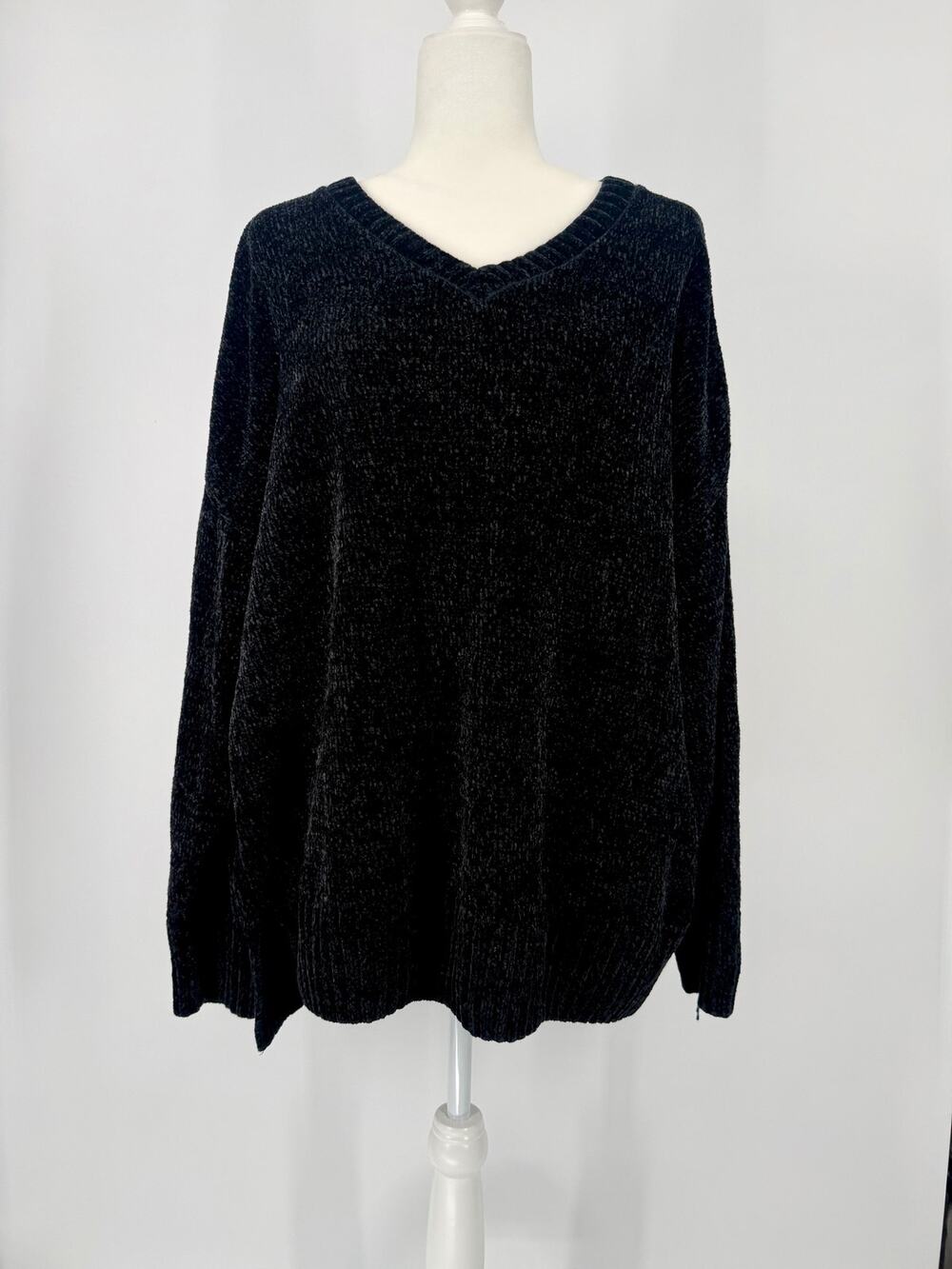 Sanctuary Black Chenille V Neck Teddy Sweater Plus Size 2X Hi Low